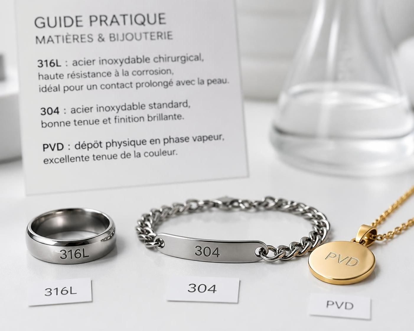 découvrez comment lire et comprendre la composition des bijoux en acier inoxydable, entre acier 316l, 304 et simple placage, pour choisir la qualité adaptée.